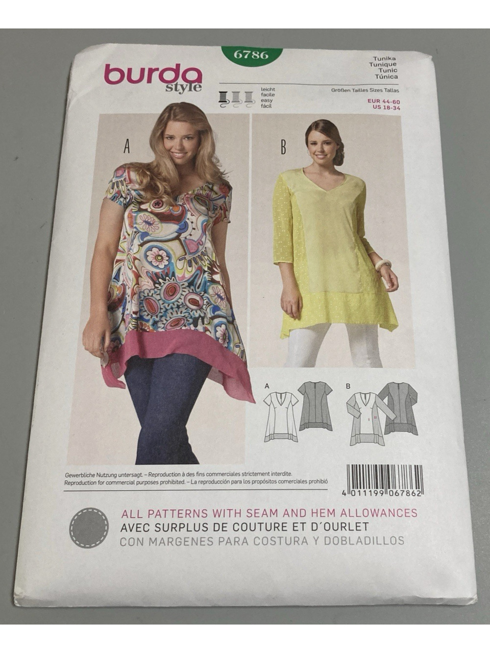 Burda Style 6786 Pattern Tunic Misses Handerchief Hem Plus Sz 18-34 UNCUT